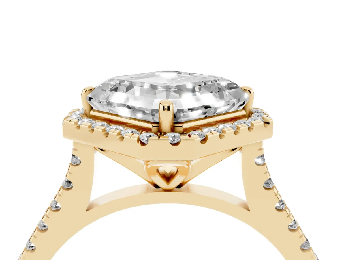 Asscher Cut Diamond Cushion Halo Ring with Pavé Band Yellow gold