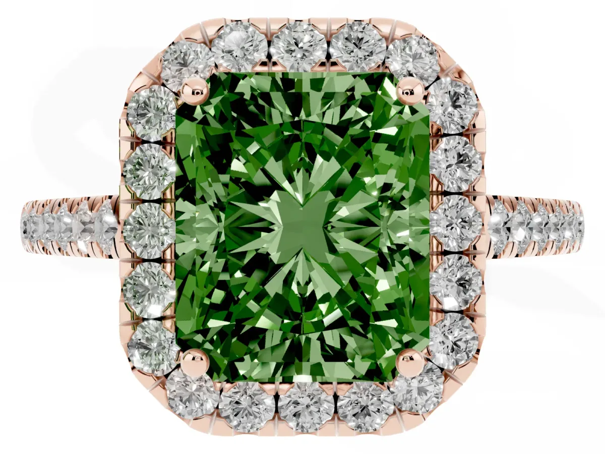 Fancy Green Radiant Cut Halo Pave Diamond Engagement Ring with Four-Prong Setting Rose gold
