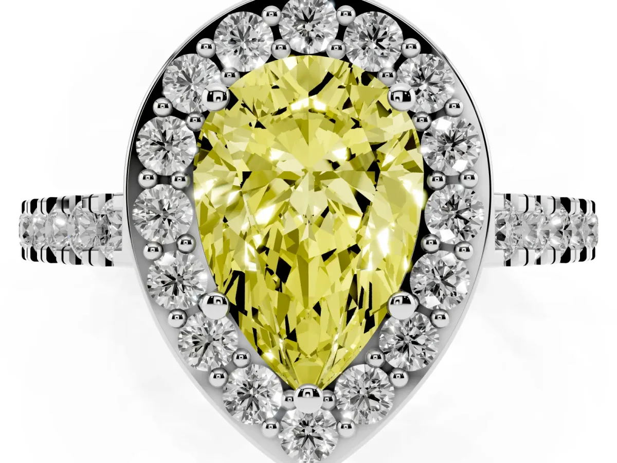 Fancy Yellow Pear Cut Diamond Halo Ring with Round Pavé Split Shank and Prong Setting Silver
