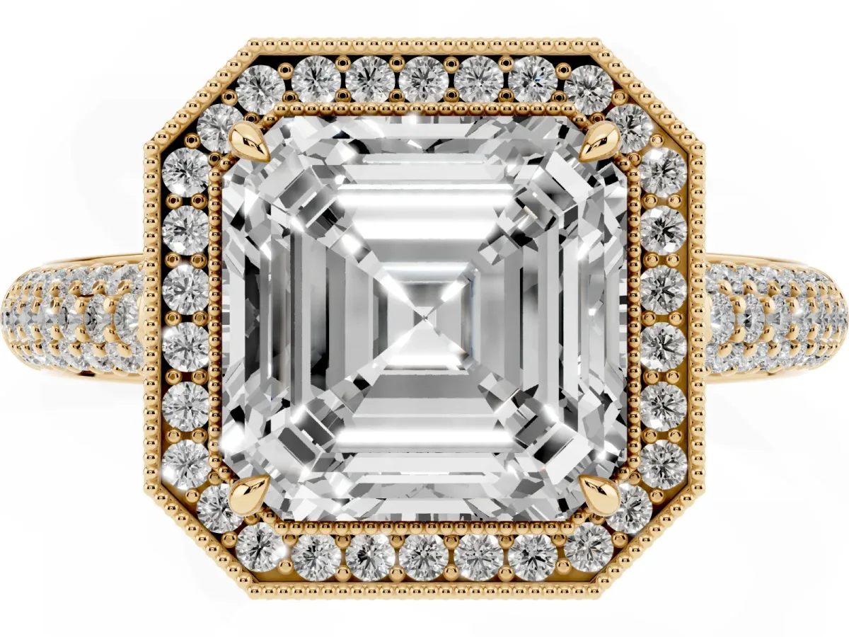 Asscher Cut Cut Halo Diamond Pave Band with Four-Prong Setting Yellow gold