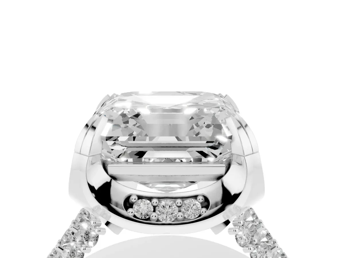 Asscher Cut Solitaire Pave Split Shank Ring with Four-Prong Setting Platinum