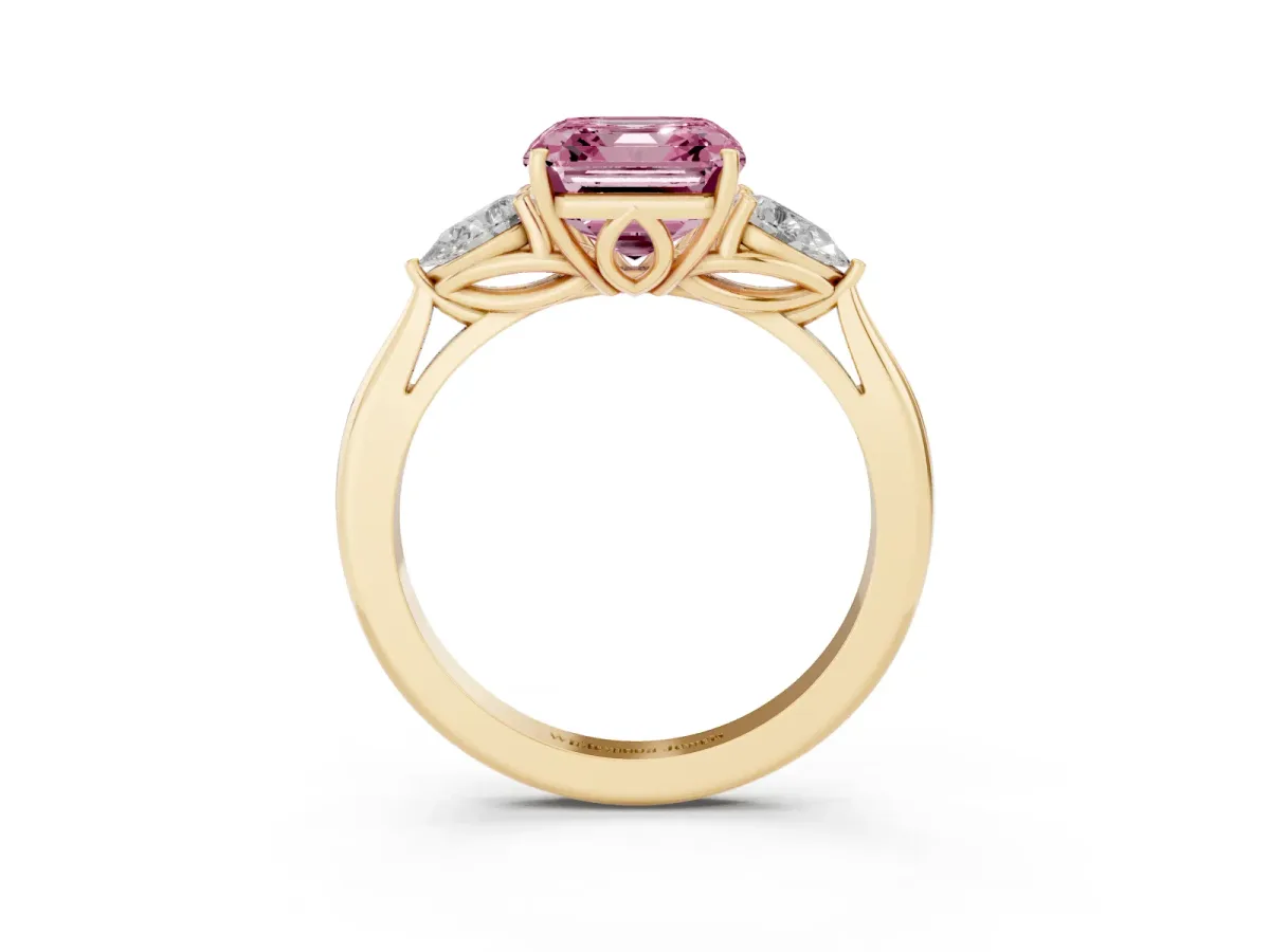 Fancy Pink Asscher Cut Diamond Three-Stone Ring with Pear Side Stones and Prong Setting Yellow gold