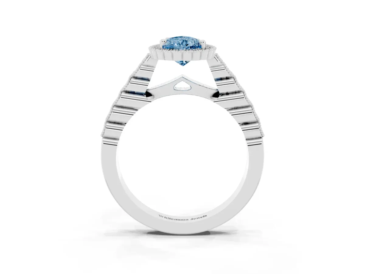 Fancy Blue Pear Cut Cut Halo Pavé Solitaire Ring with Milgrain Band Silver