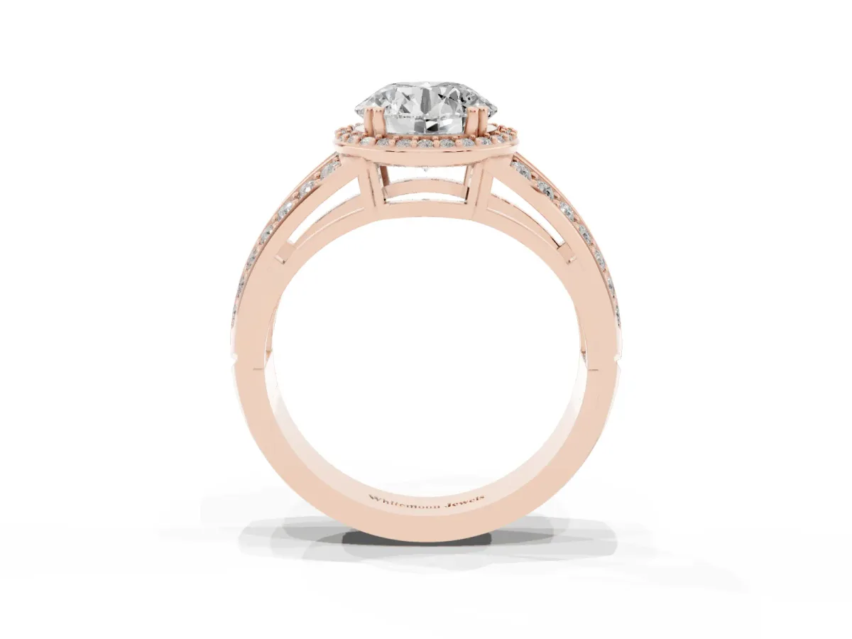 Round Cut Diamond Halo Ring with Split Shank Pavé Band and Four-Prong Setting Rose gold