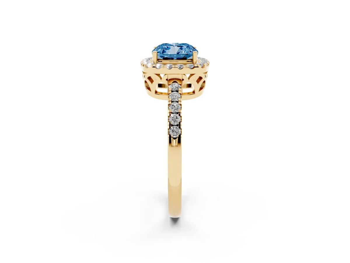 Fancy Blue Cushion Cut Halo Diamond Engagement Ring with Pavé Band and Four-Prong Setting Yellow gold