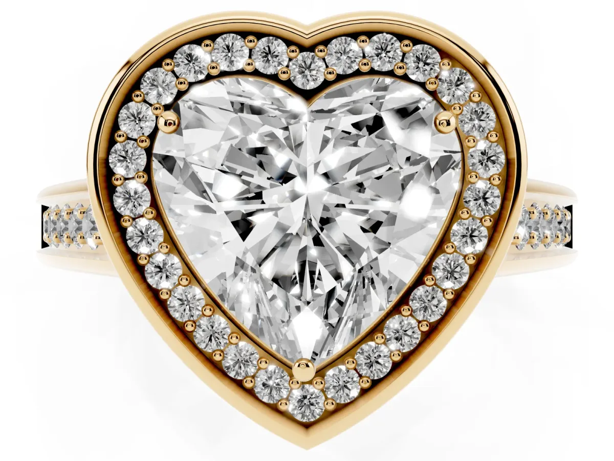 Heart Cut Halo Solitaire Diamond Ring with Pave Band and Bezel Setting Yellow gold
