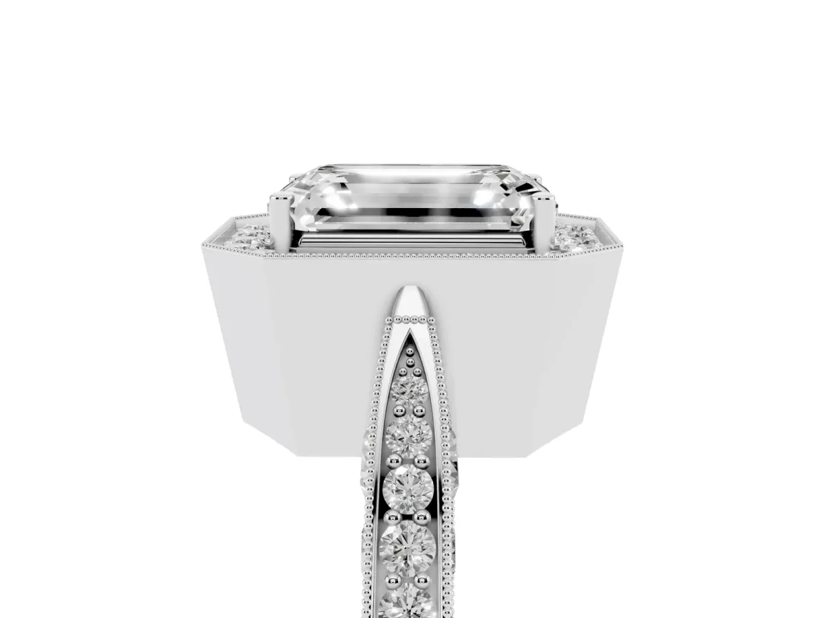 Emerald Cut Halo Diamond Engagement Ring with Split Shank Band and Four-Prong Setting Platinum