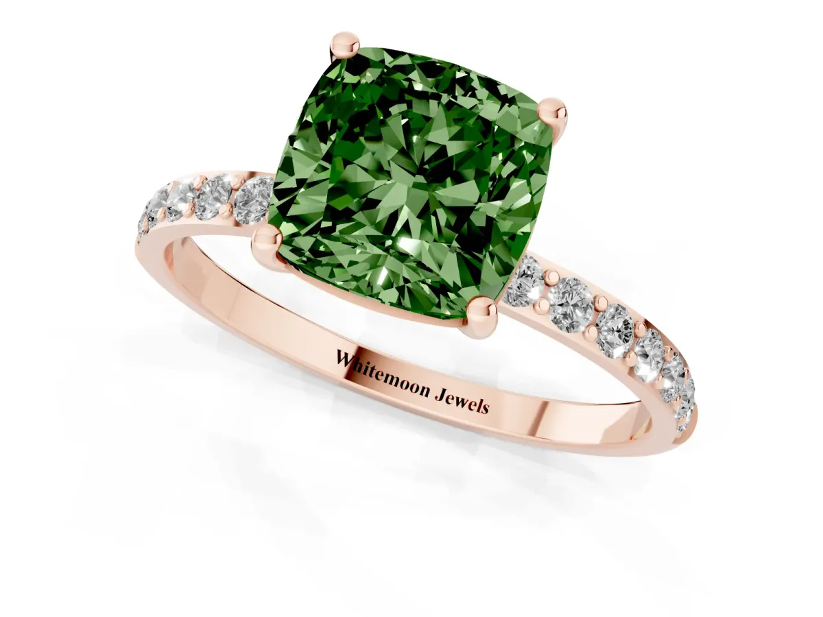 Fancy Green Cushion Cut Diamond Solitaire Ring with Round Pavé Shoulders and Prong Setting Rose gold