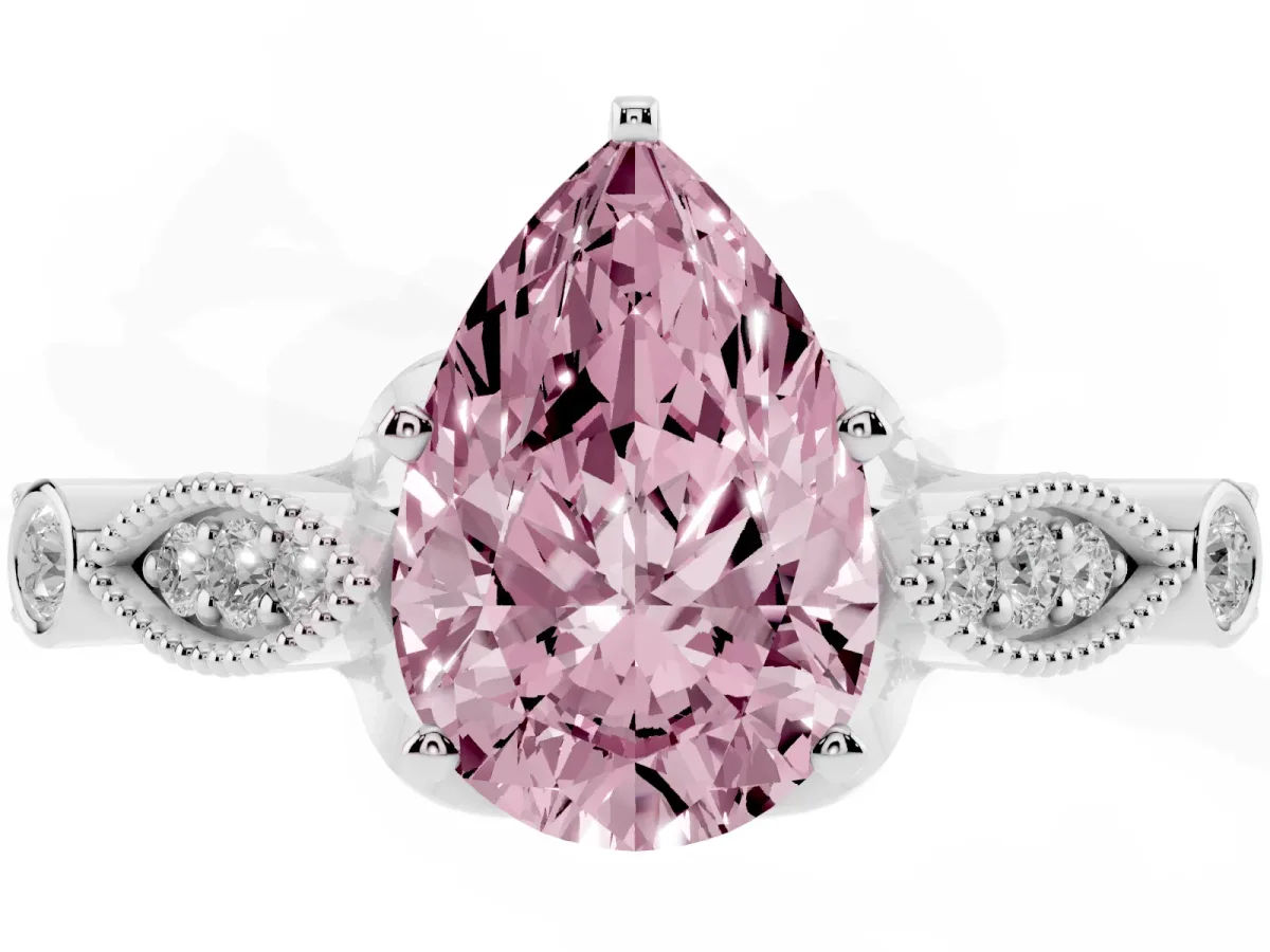 Fancy Pink Pear Cut Cut Diamond with Milgrain Marquise and Bezel Accents on a Solitaire Band with Prong Setting Platinum