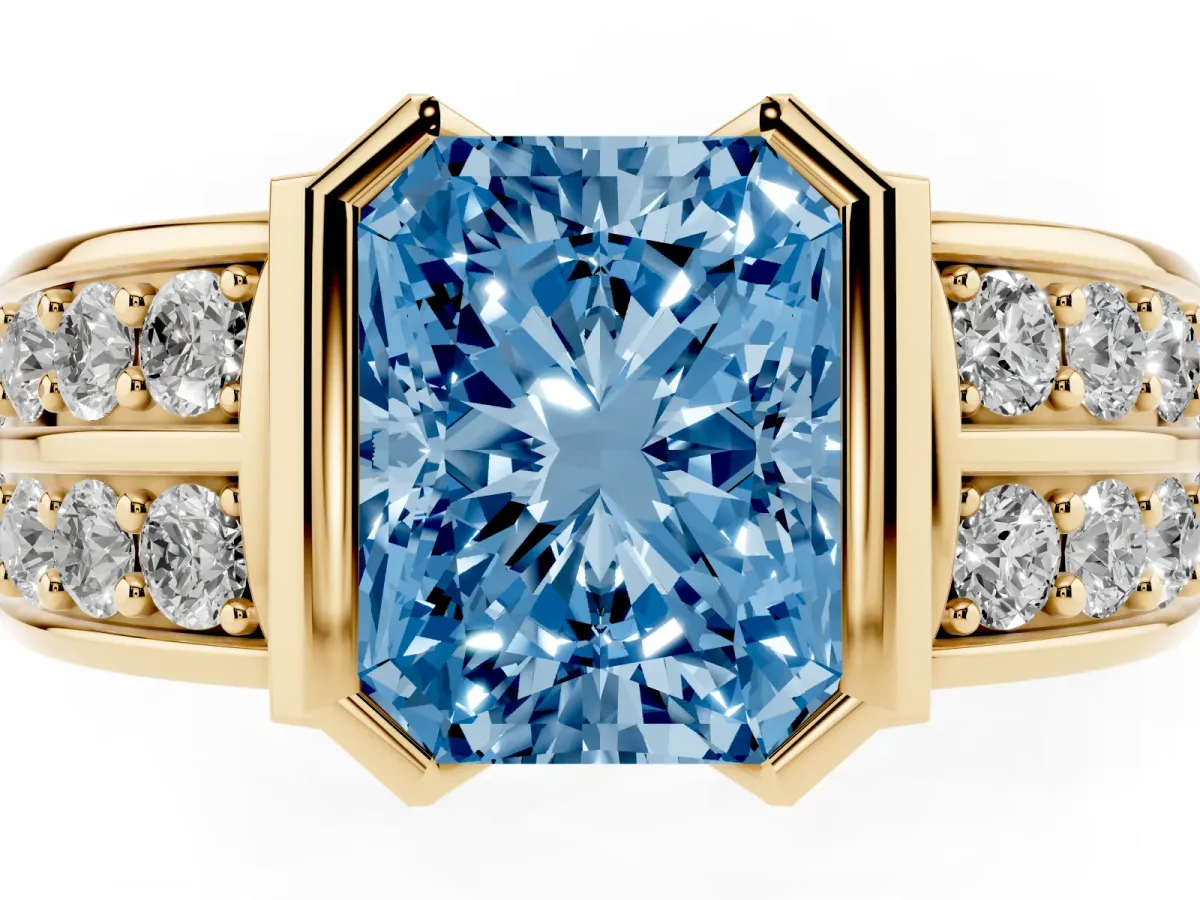Fancy Blue Radiant Cut Brilliant Diamond Channel Set Wide Band Ring with Bezel Setting Yellow gold