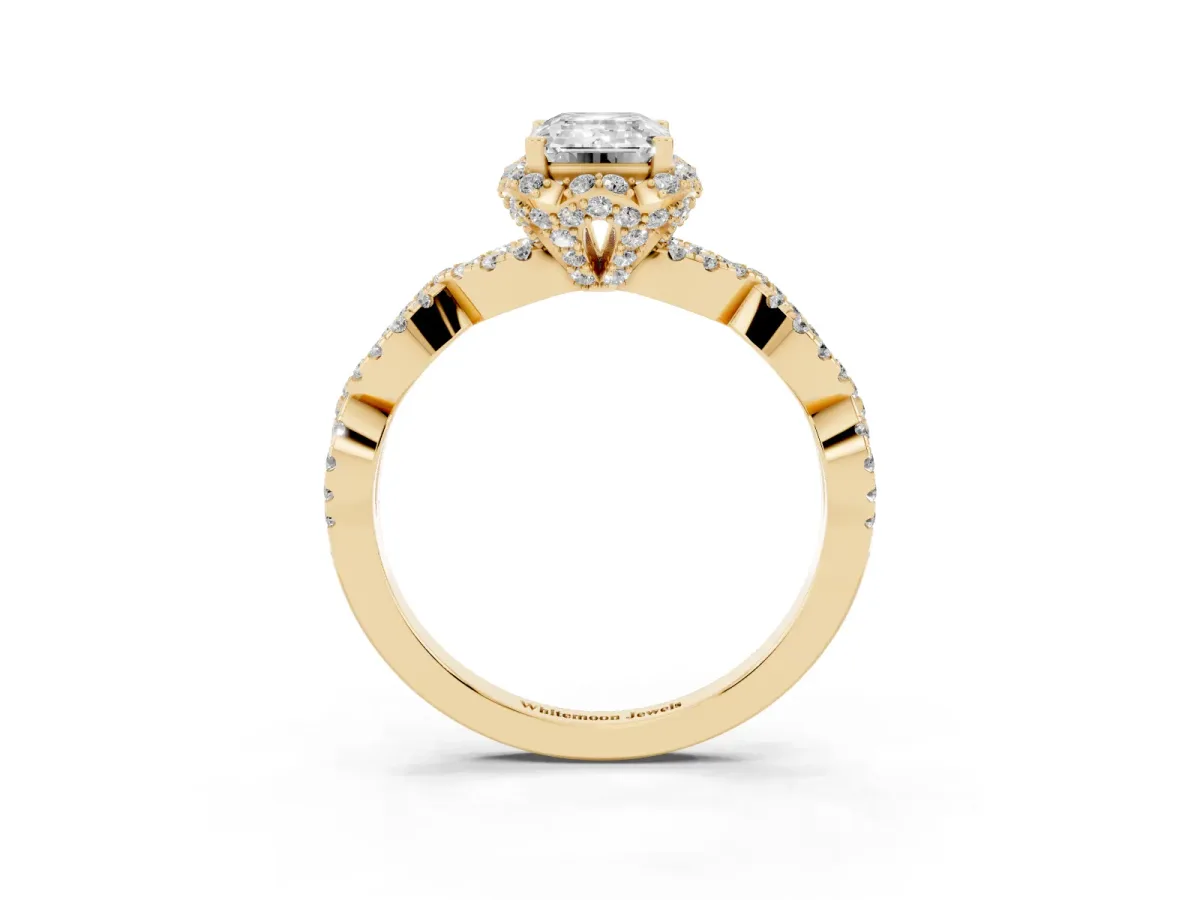 Emerald Cut Halo Twist Band Solitaire Ring with Six-Prong Setting Yellow gold
