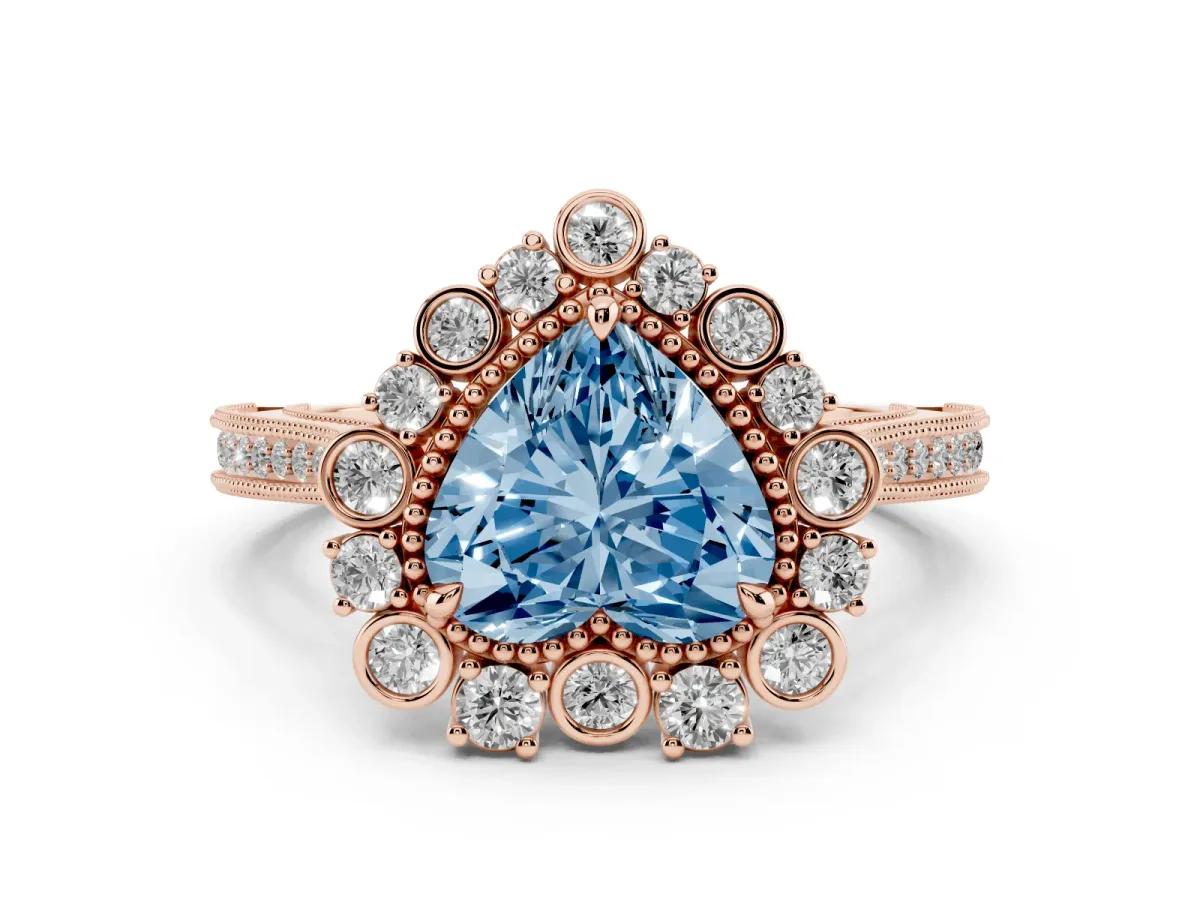 Fancy Blue Heart Cut Halo Milgrain Pave Diamond Ring with Four-Prong Setting Rose gold