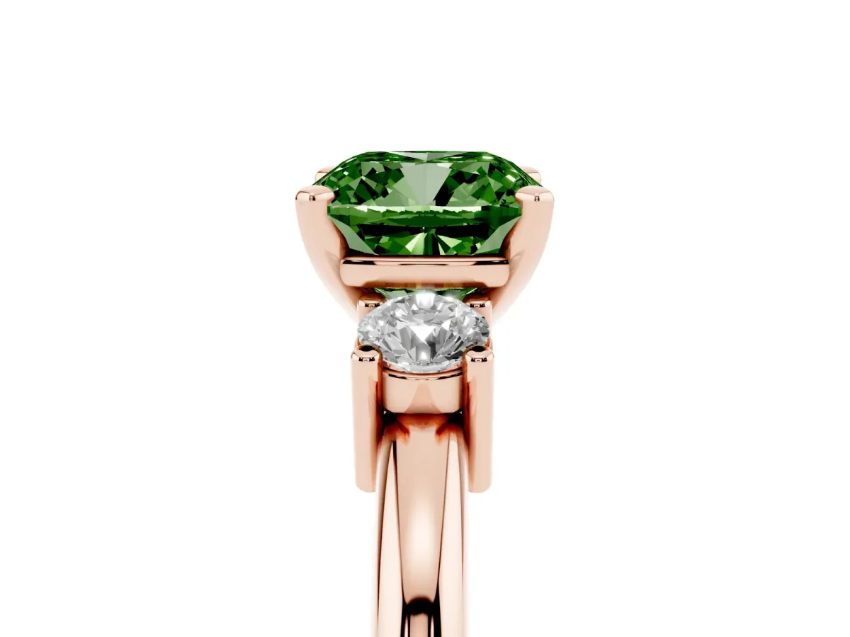 Fancy Green Three-Stone Cushion Cut Cut Diamond Solitaire with Prong Setting and Classic Band Rose gold