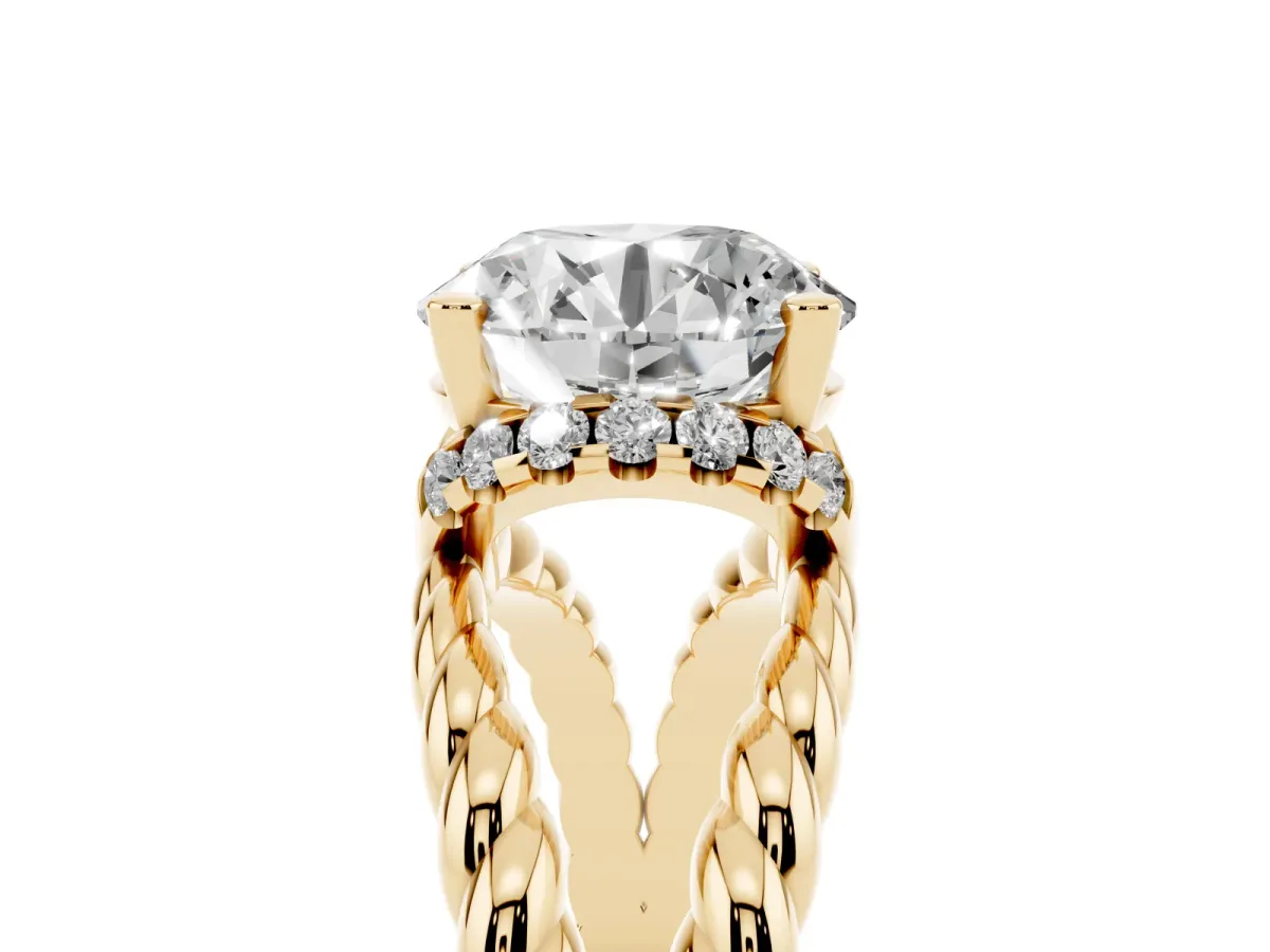 Round Cut Halo Twisted Band Four-Prong Ring Yellow gold