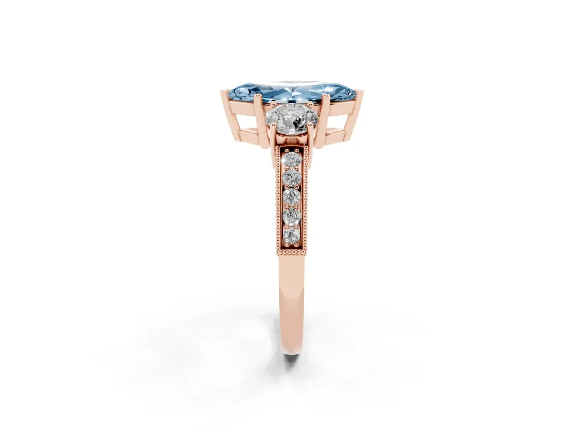 Fancy Blue Marquise Cut Three-Stone Diamond Ring with Pavé Band and Four-Prong Setting Rose gold