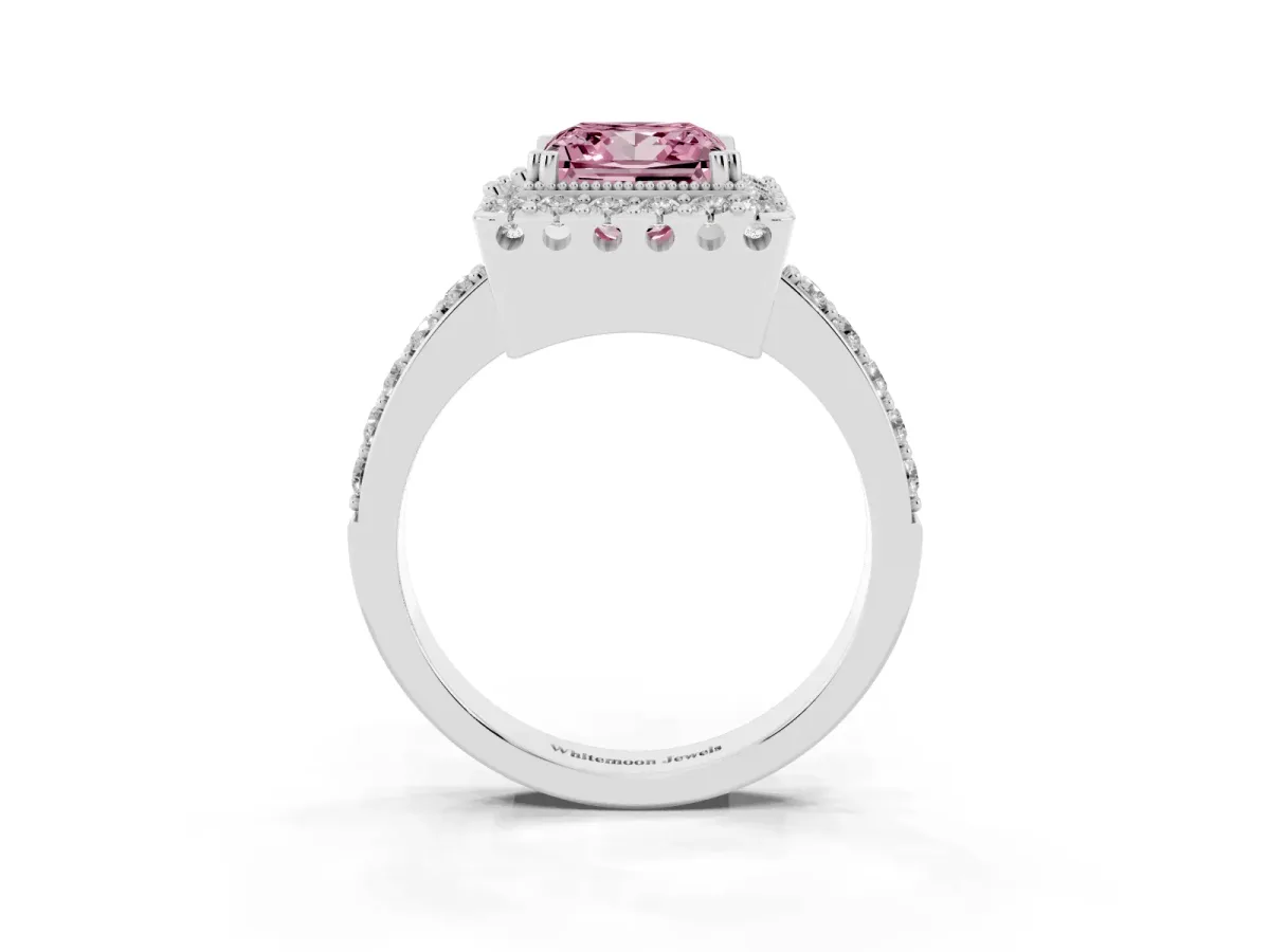 Fancy Pink Princess Cut Diamond Halo Ring with Pavé Band and Prong Setting Silver