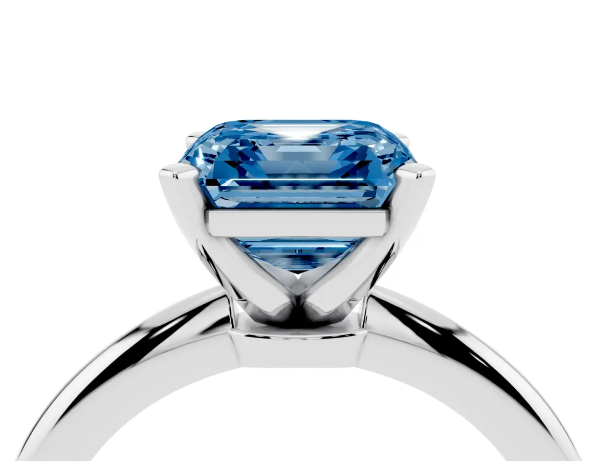 Fancy Blue Asscher Cut Diamond Solitaire Ring with Prong Setting and Classic Band Platinum
