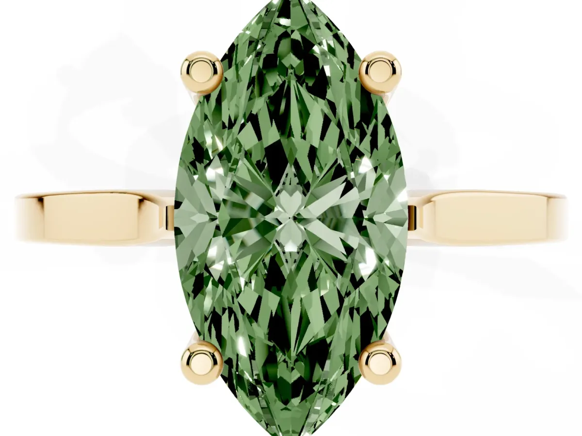 Fancy Green Marquise Cut Solitaire Diamond Ring with Four-Prong Setting and Tapered Band Yellow gold