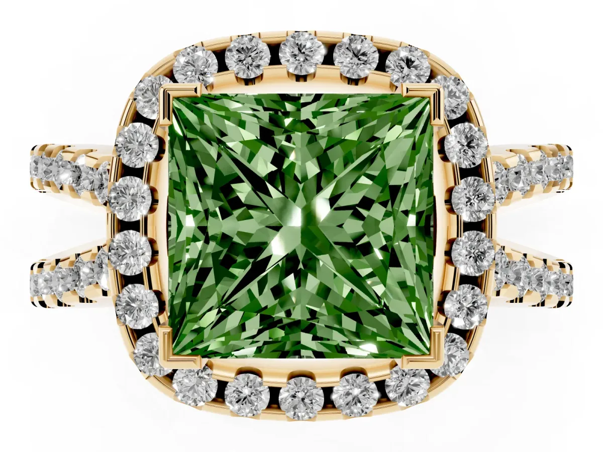 Fancy Green Princess Cut Diamond Halo Ring with Split Shank Pavé Band and Prong Setting Yellow gold