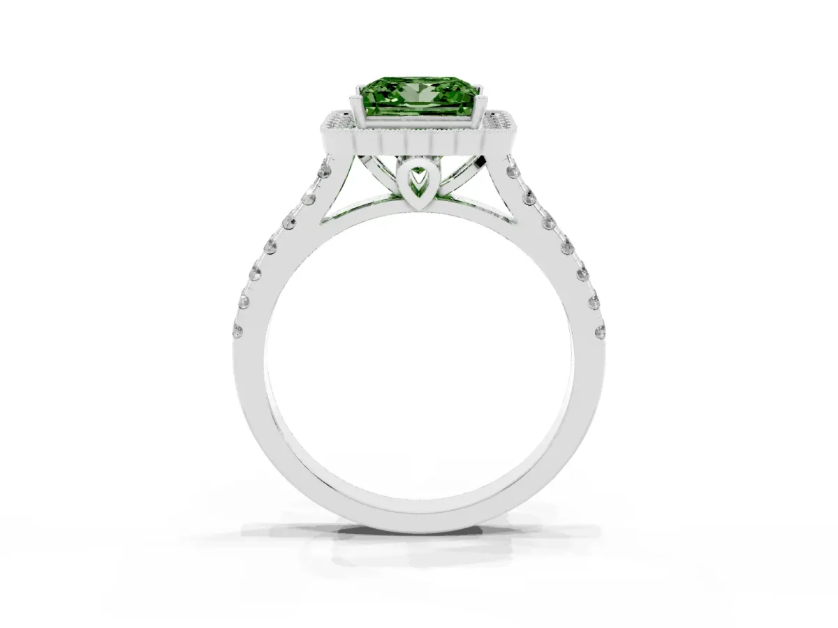 Fancy Green Princess Cut Cut Diamond Milgrain Floral Halo Engagement Ring with Pavé Band Silver