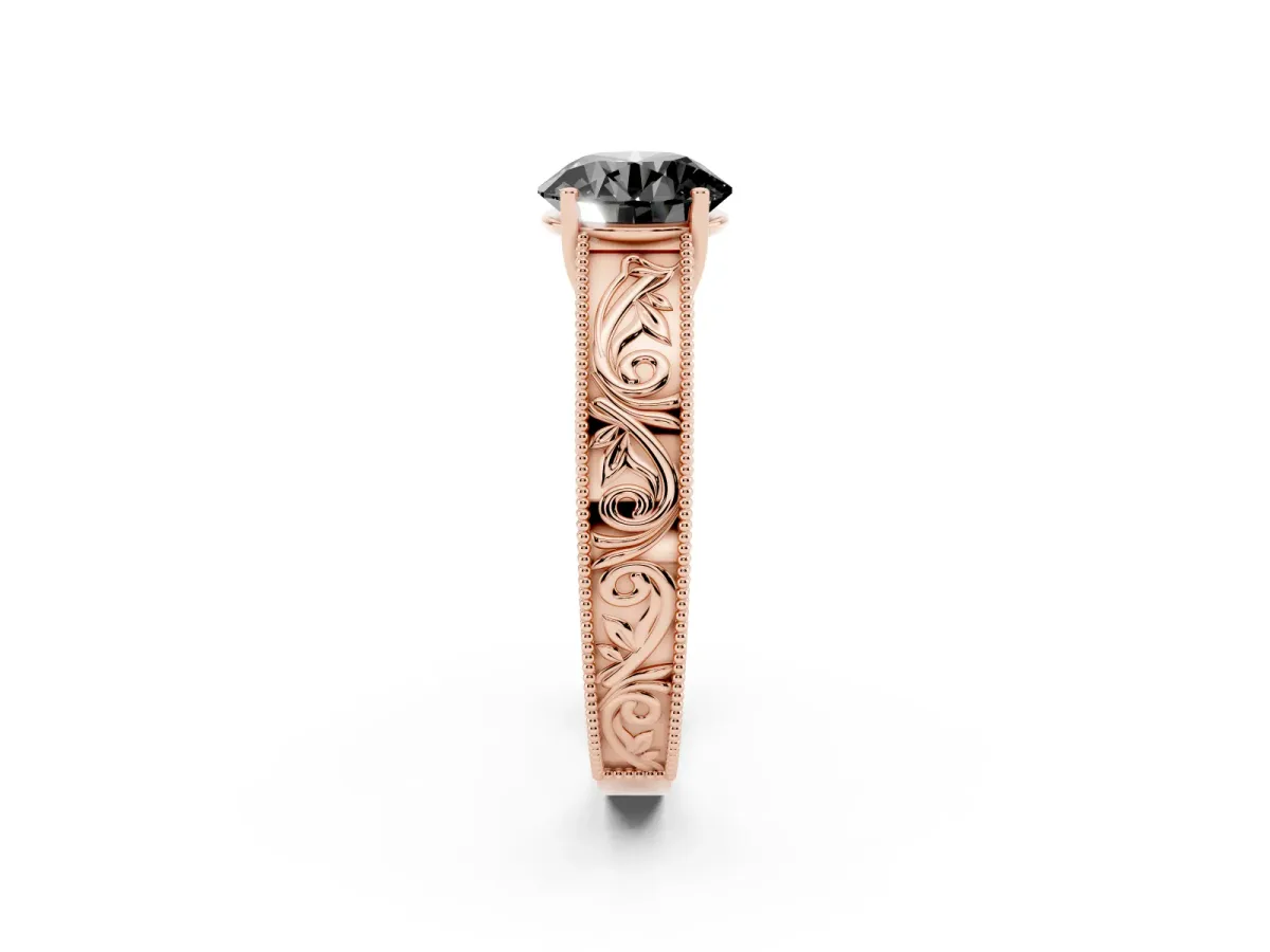 Fancy Black Round Cut Diamond Solitaire Ring with Engraved Band and Four-Prong Setting Rose gold
