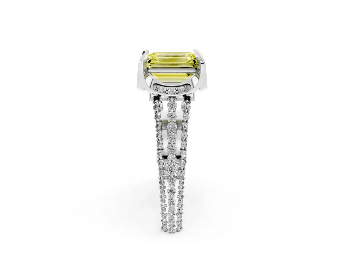 Fancy Yellow Emerald Cut Solitaire Pave Split Shank Ring with Four-Prong Setting Platinum
