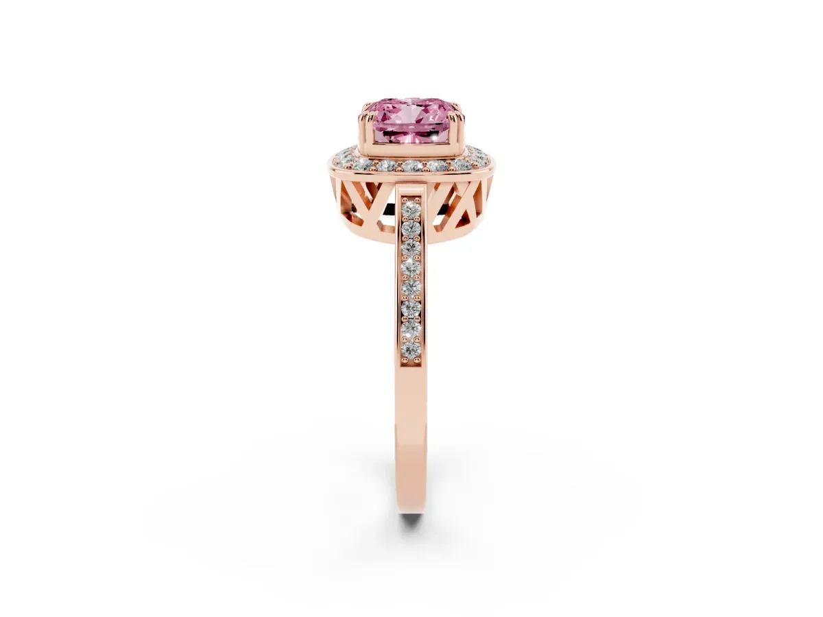 Fancy Pink Cushion Cut Diamond Halo Ring with Split Shank and Four-Prong Setting Rose gold
