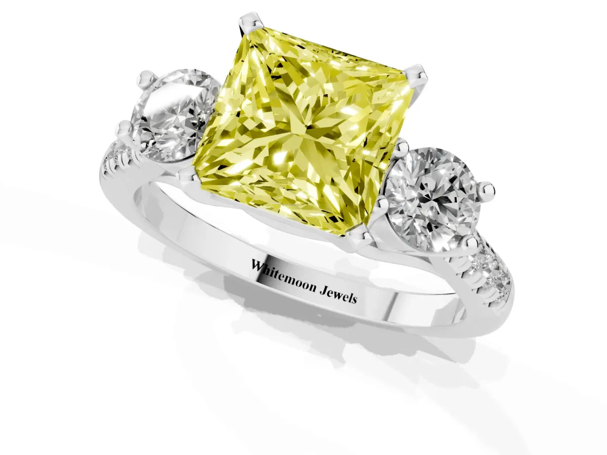 Fancy Yellow Three-Stone Princess Cut Diamond Pavé Band with Four-Prong Setting Silver