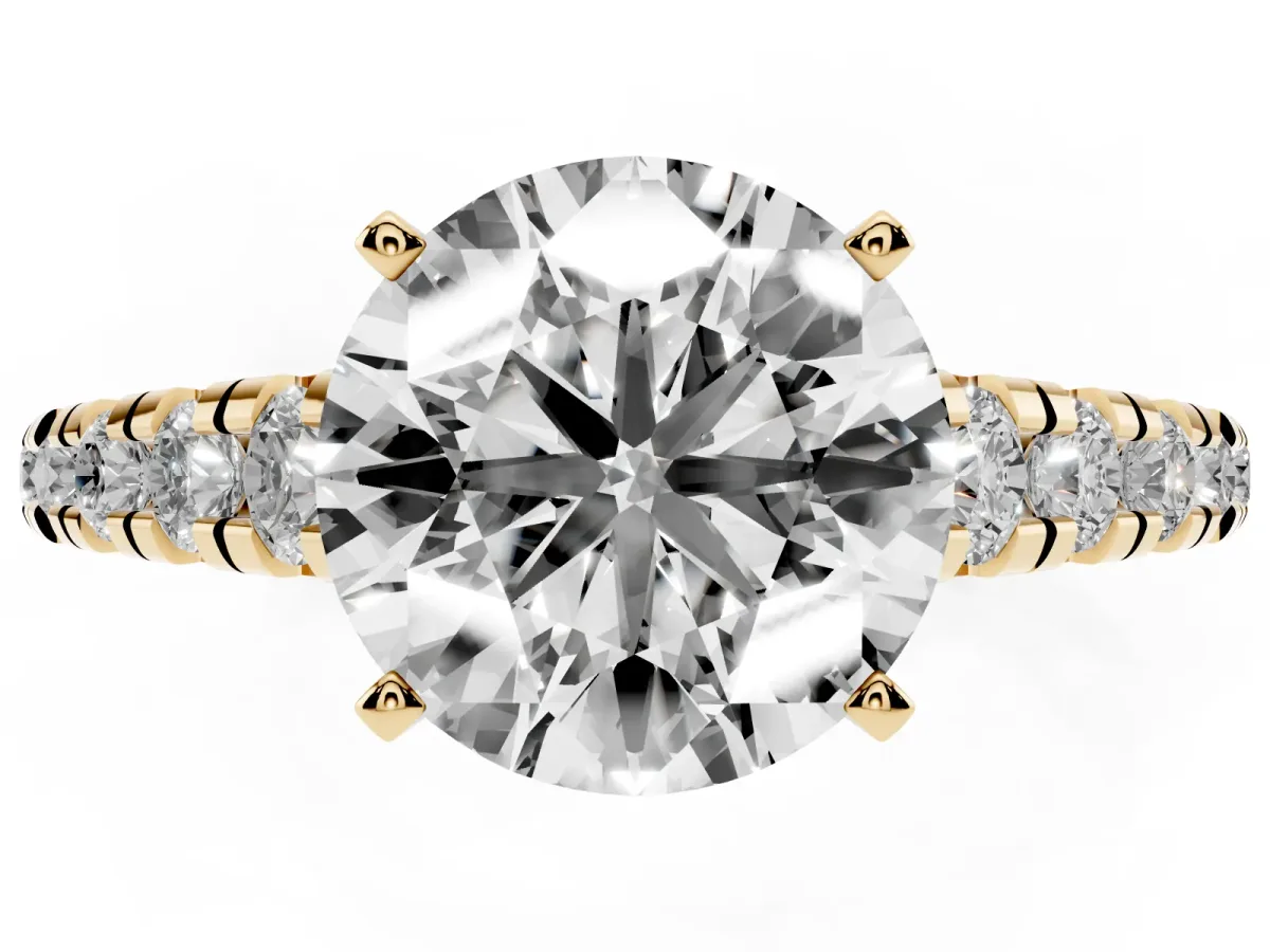 Round Cut Diamond Cathedral Solitaire Ring with Round Pavé Band Yellow gold