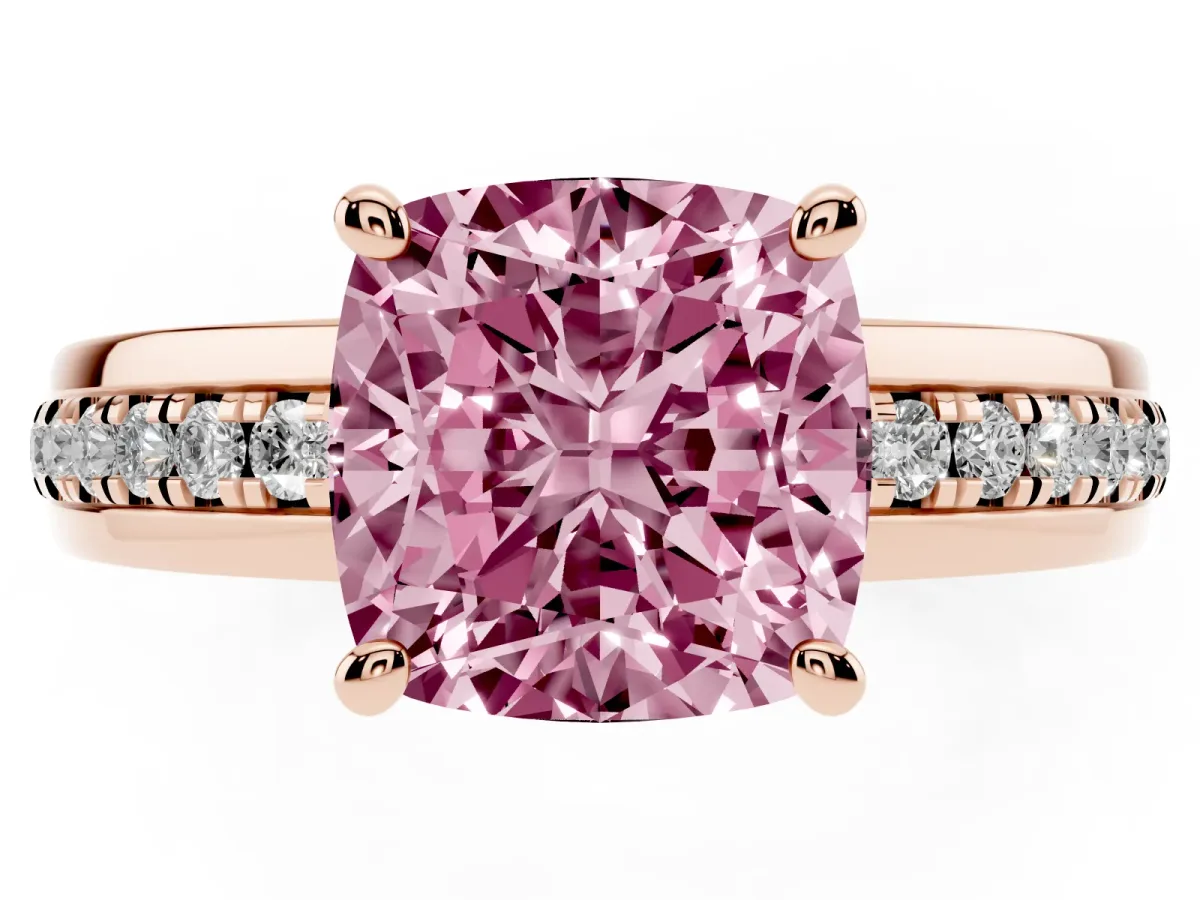 Fancy Pink Cushion Cut Solitaire Diamond Ring with Channel Set Band and Six-Prong Setting Rose gold