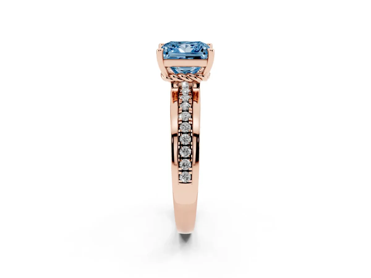 Fancy Blue Princess Cut Solitaire Diamond Ring with Channel Set Band and Six-Prong Setting Rose gold