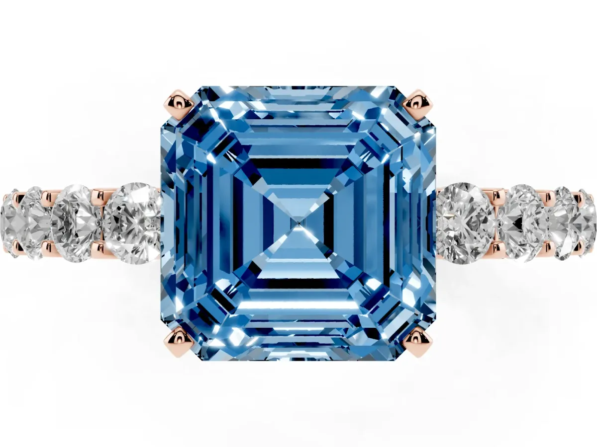 Fancy Blue Asscher Cut Diamond Solitaire Ring with Shared Prong Pavé Band and Four-Prong Setting Rose gold