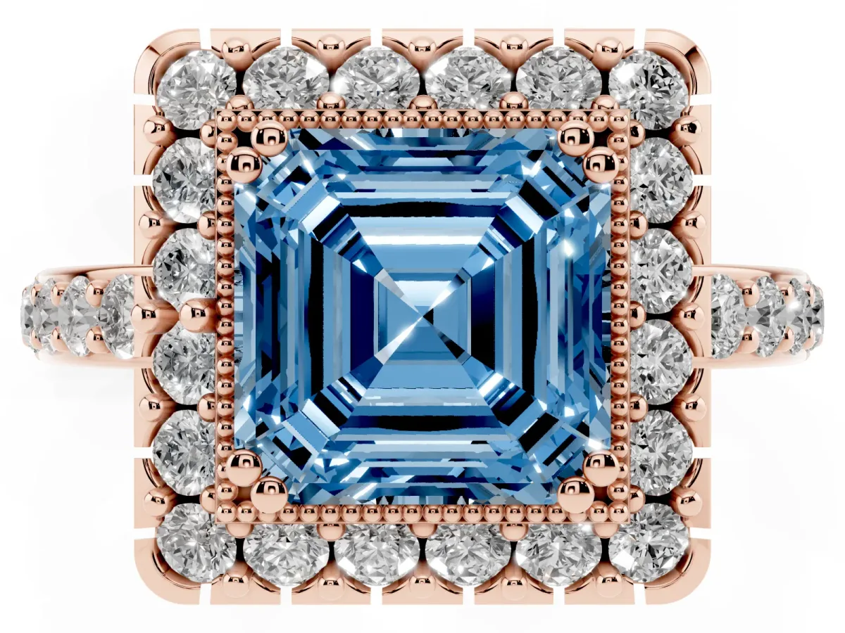 Fancy Blue Asscher Cut Diamond Halo Ring with Pavé Band and Prong Setting Rose gold
