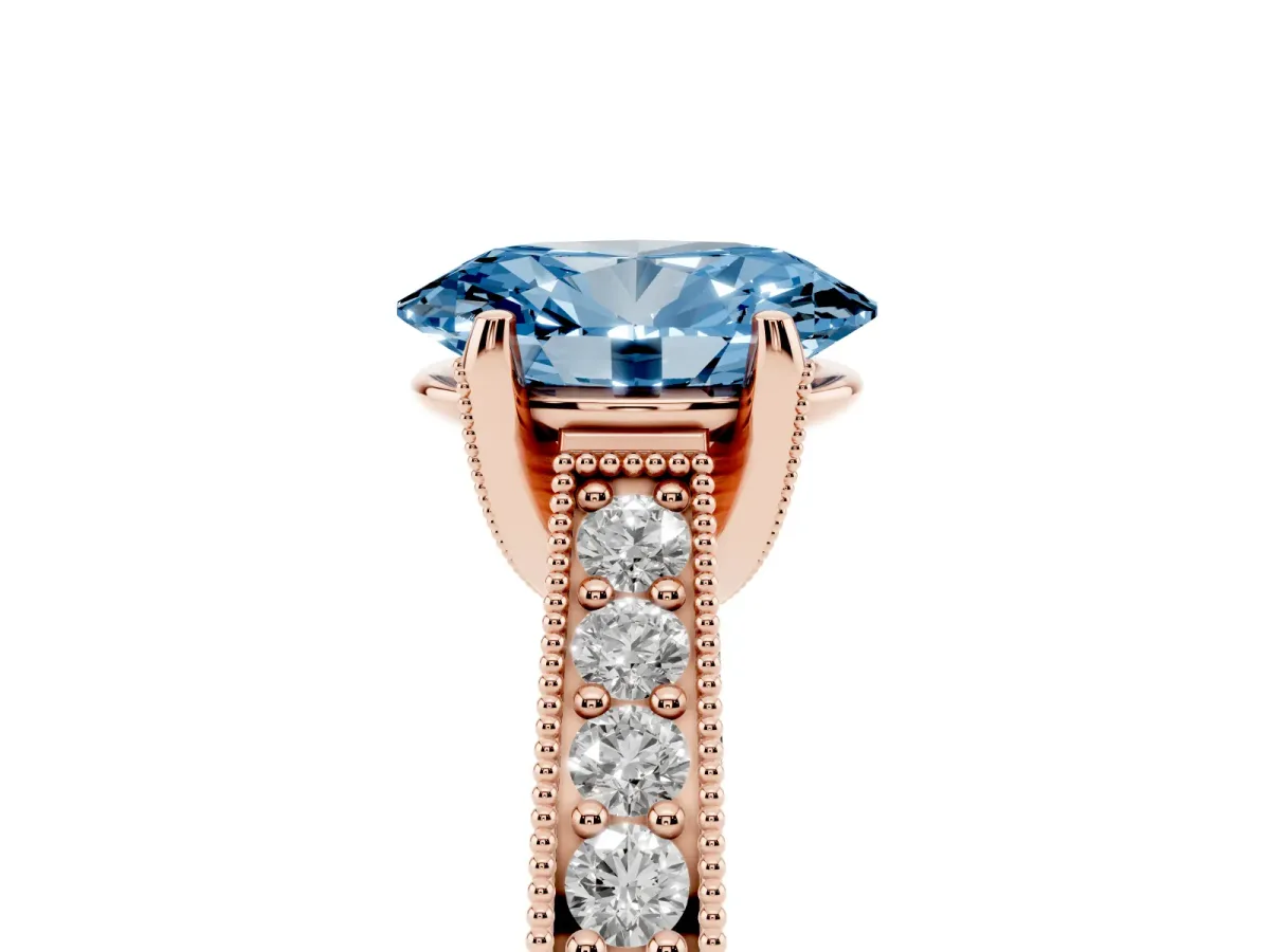 Fancy Blue Oval Cut Cut Diamond Solitaire Ring with Milgrain Pave Band and Four Prong Setting Rose gold