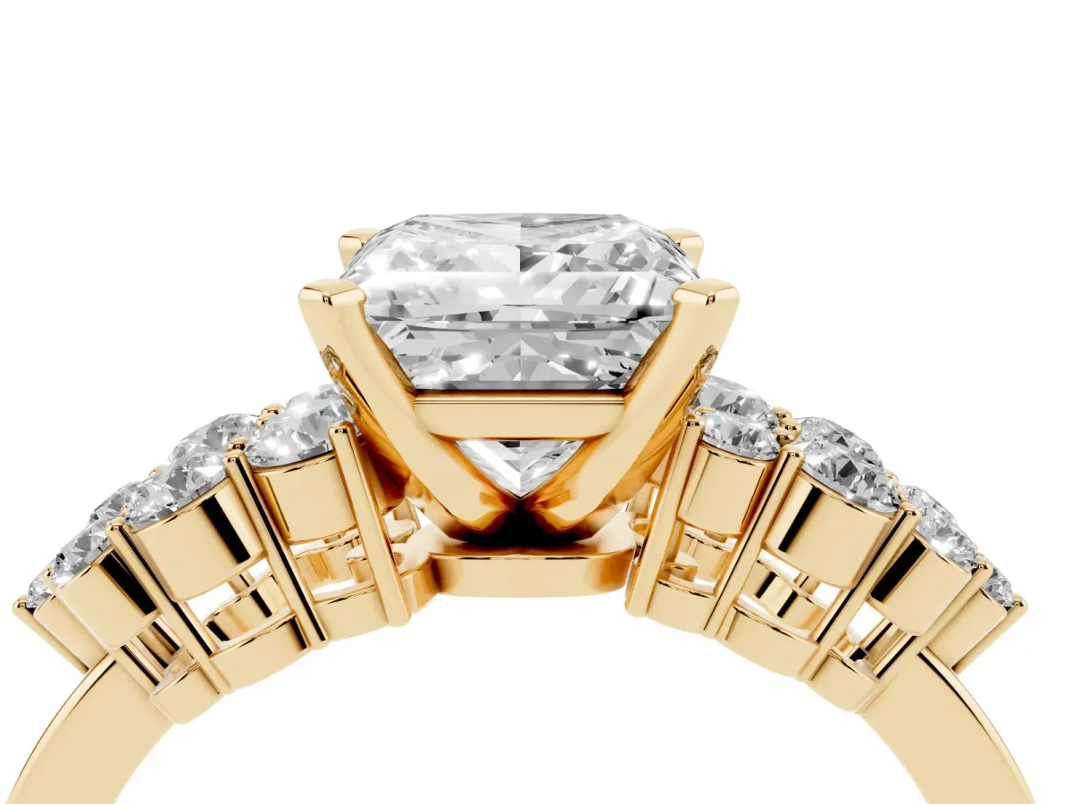 Princess Cut Cluster Diamond Engagement Ring with Pavé Band and Four-Prong Setting Yellow gold