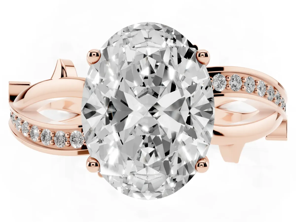 Oval Cut Solitaire Twist Band with Pavé Accents and Four-Prong Setting Rose gold