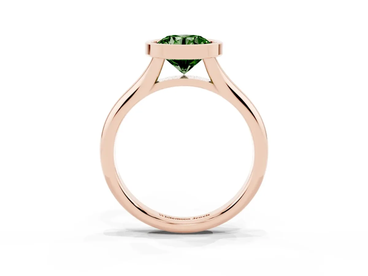 Fancy Green Bezel Set Round Cut Solitaire Diamond Ring with Smooth Band Rose gold