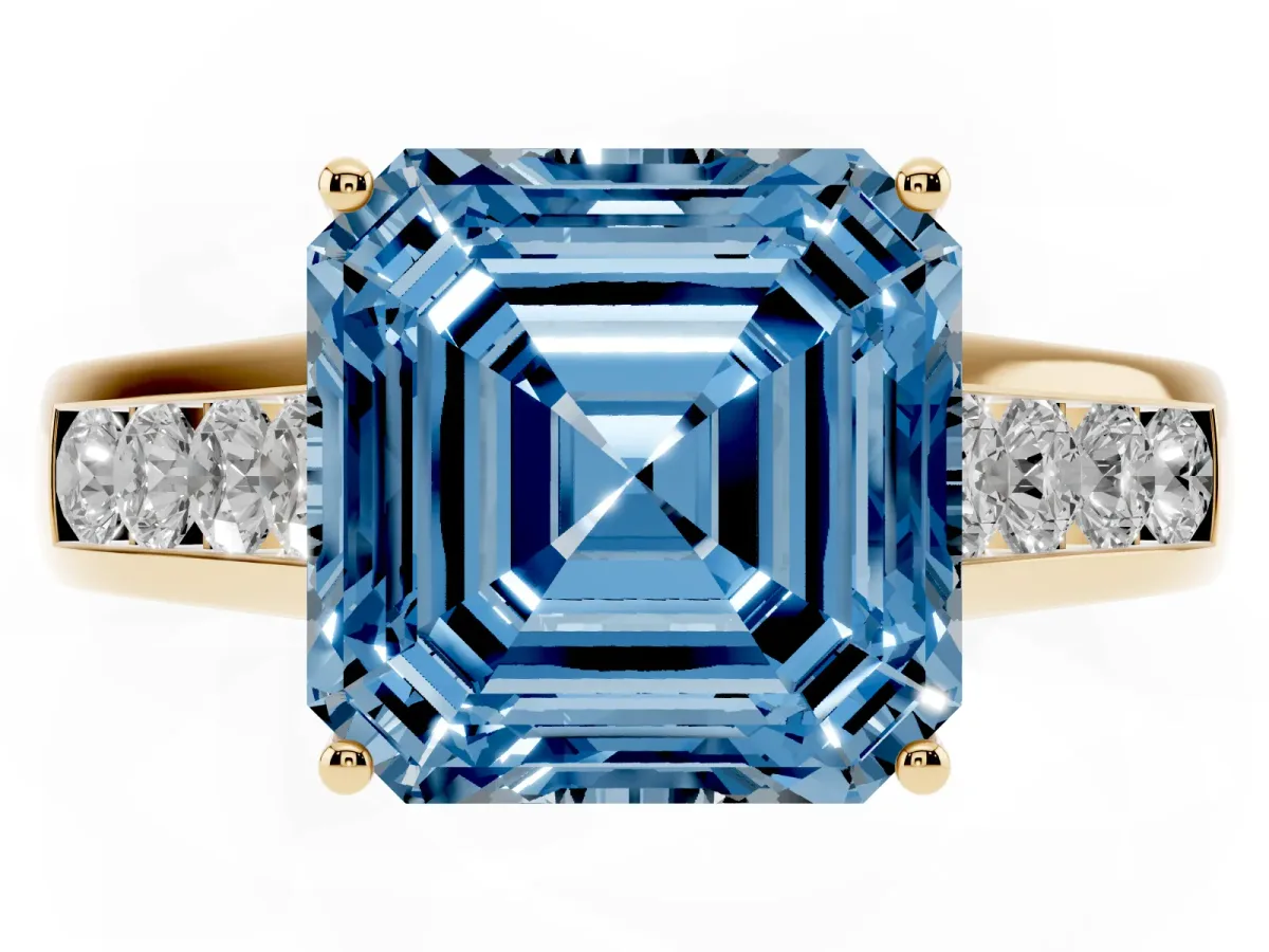 Fancy Blue Asscher Cut Brilliant Channel-Set Solitaire Ring with Four-Prong Setting Yellow gold