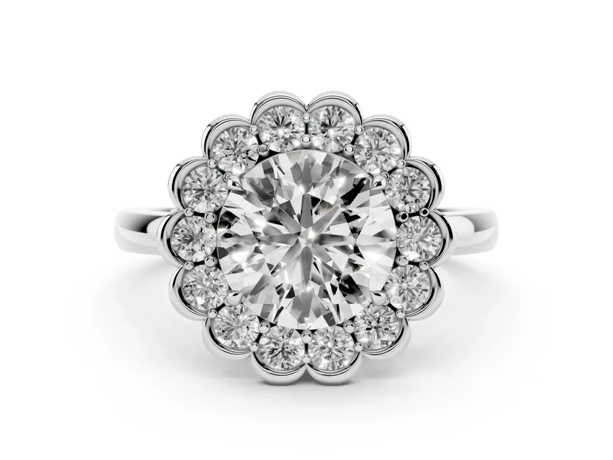 Round Cut Halo Cluster Diamond Engagement Ring with Solitaire Band and Prong Setting Silver