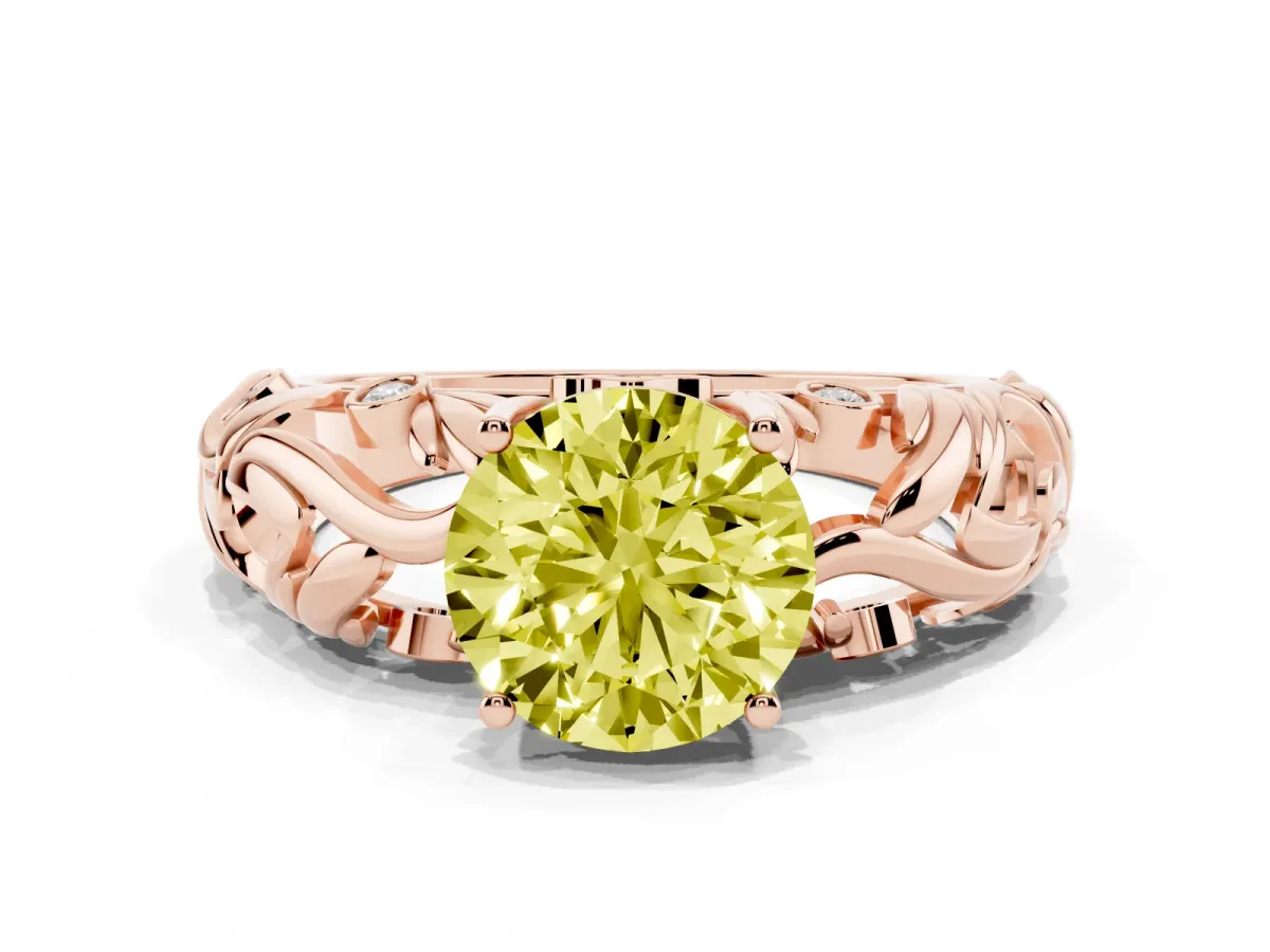 Fancy Yellow Round Cut Solitaire Diamond Leaf-Inspired Vine Band Ring with Prong Setting Rose gold