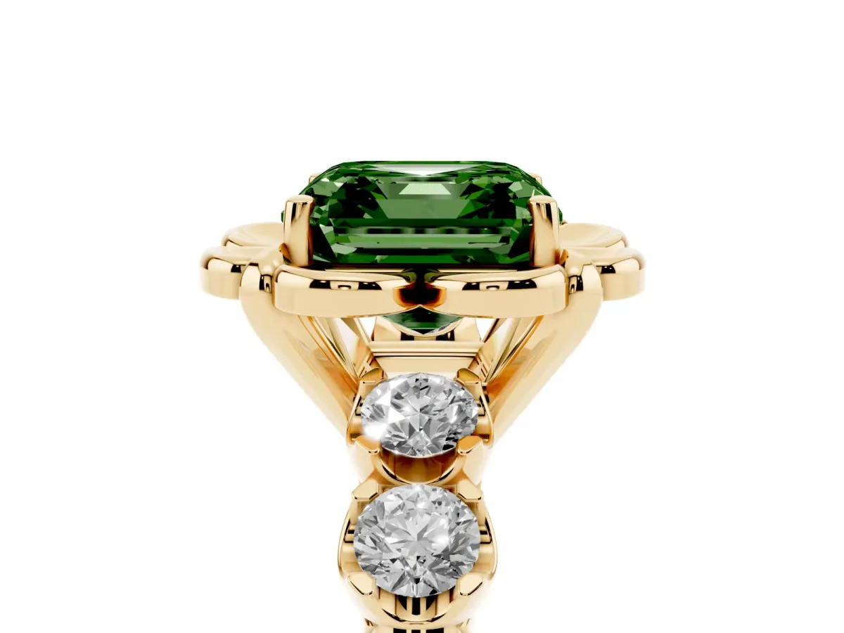Fancy Green Asscher Cut Cut Diamond Floral Halo Engagement Ring with Shared Prong Setting Yellow gold