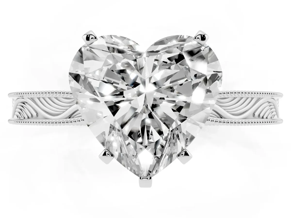 Heart Cut Solitaire Milgrain Engraved Band with Four-Prong Setting Silver