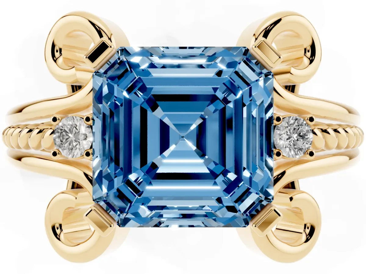 Fancy Blue Asscher Cut Solitaire Twisted Band Scroll Prong Ring Yellow gold