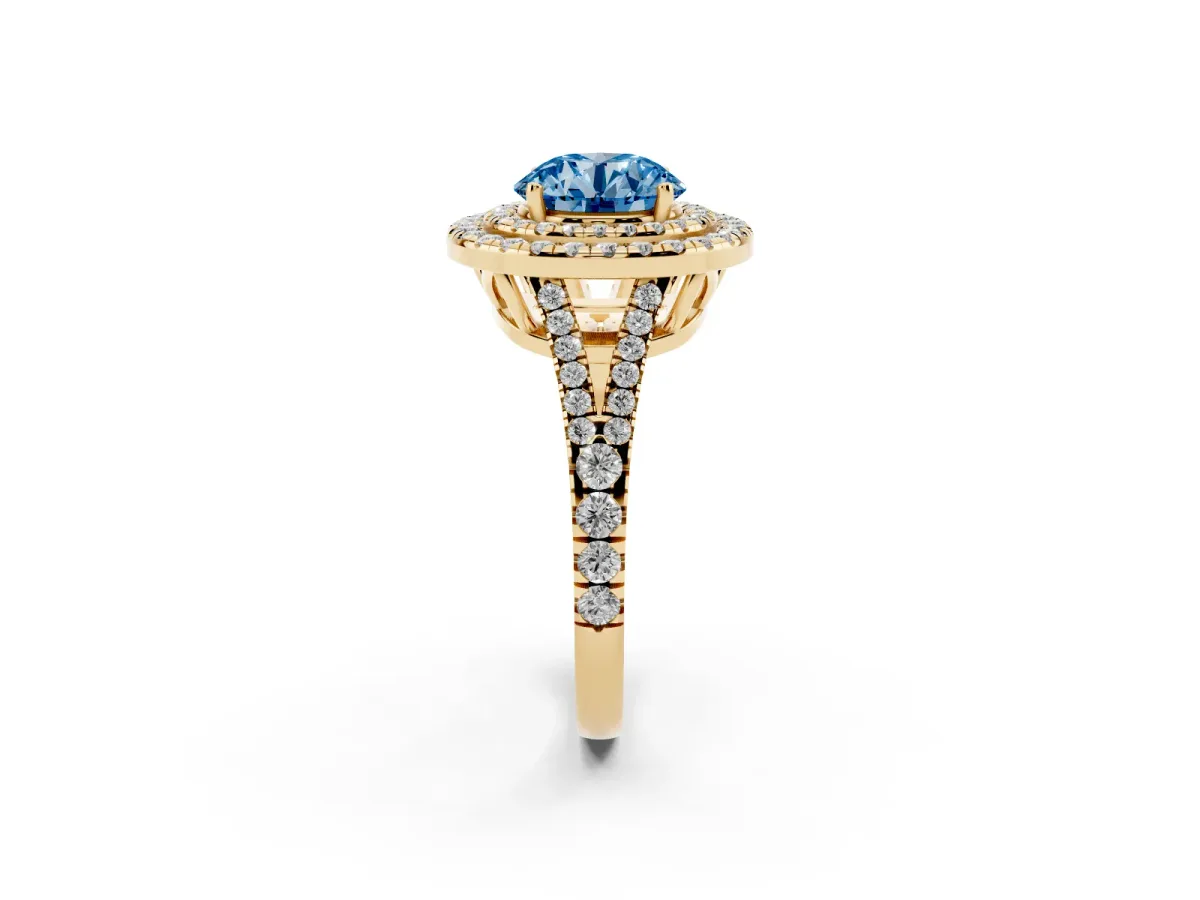 Fancy Blue Round Cut Diamond Double Halo Ring with Pavé Band and Prong Setting Yellow gold
