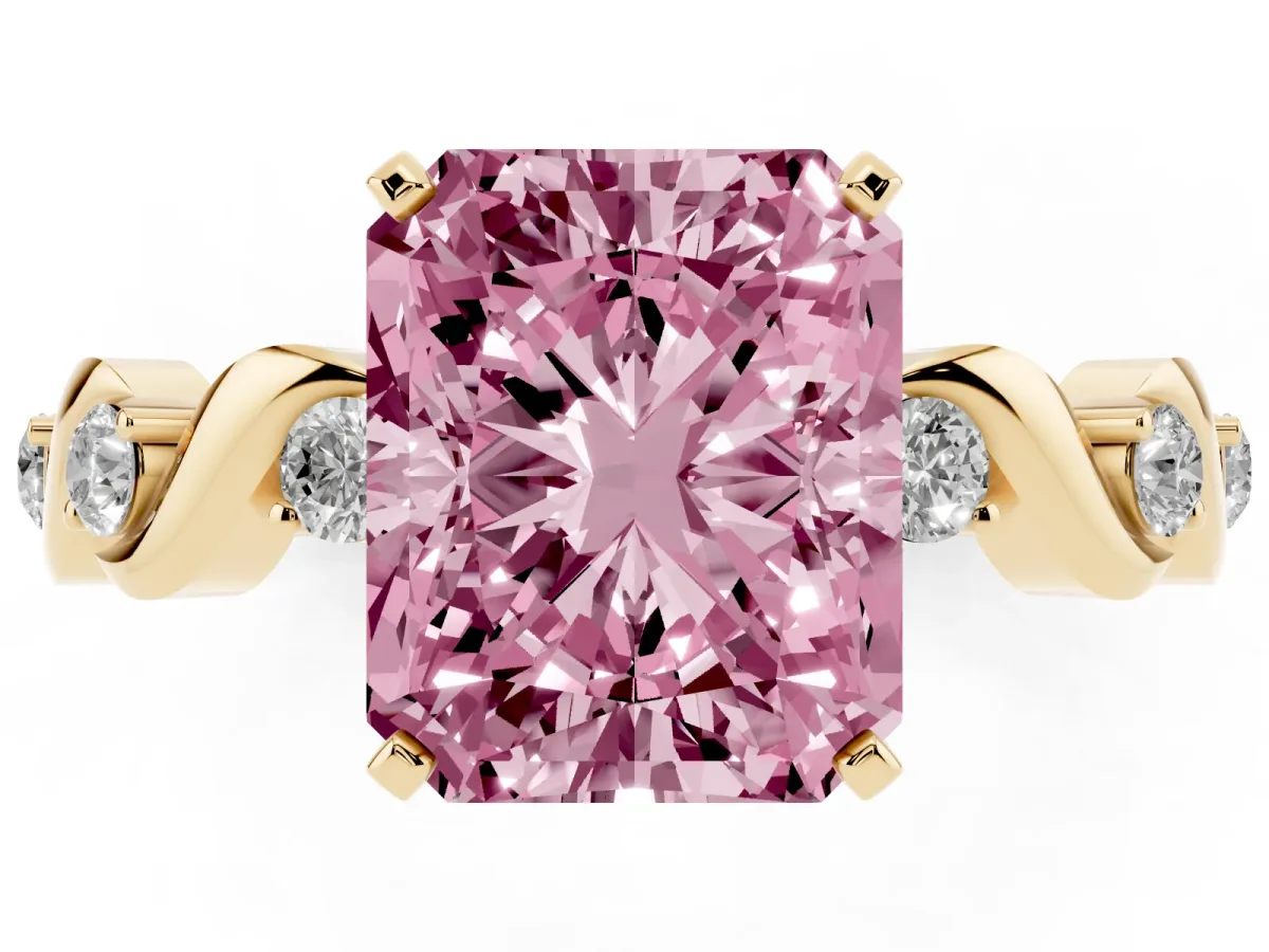 Fancy Pink Radiant Cut Diamond Solitaire Twisted Band with Round Accents and Prong Setting Yellow gold