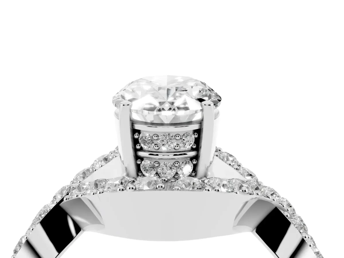 Oval Cut Solitaire Twist Band Pavé Diamond Engagement Ring Silver