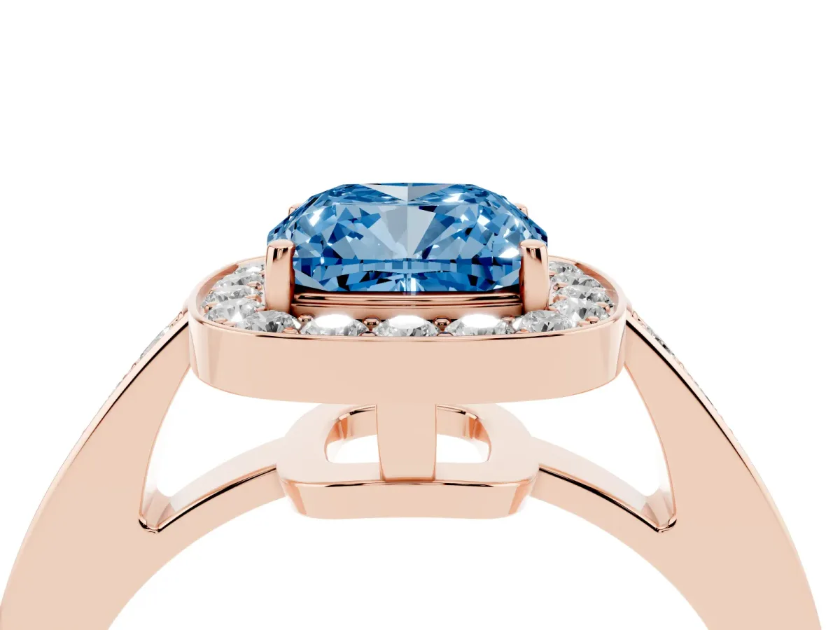 Fancy Blue Cushion Cut Halo Pavé Diamond Engagement Ring with Bezel Setting Rose gold