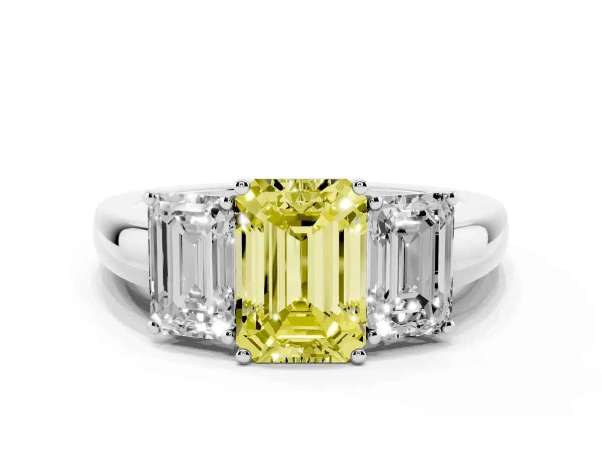 Fancy Yellow Emerald Cut Diamond Three-Stone Ring with Four-Prong Setting and Classic Band Silver