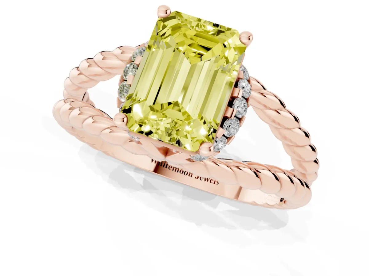 Fancy Yellow Emerald Cut Halo Twisted Band Four-Prong Ring Rose gold