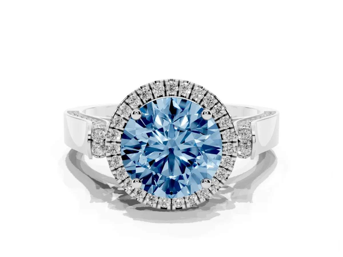Fancy Blue Round Cut Halo Pave Split Shank Prong Setting Ring Silver